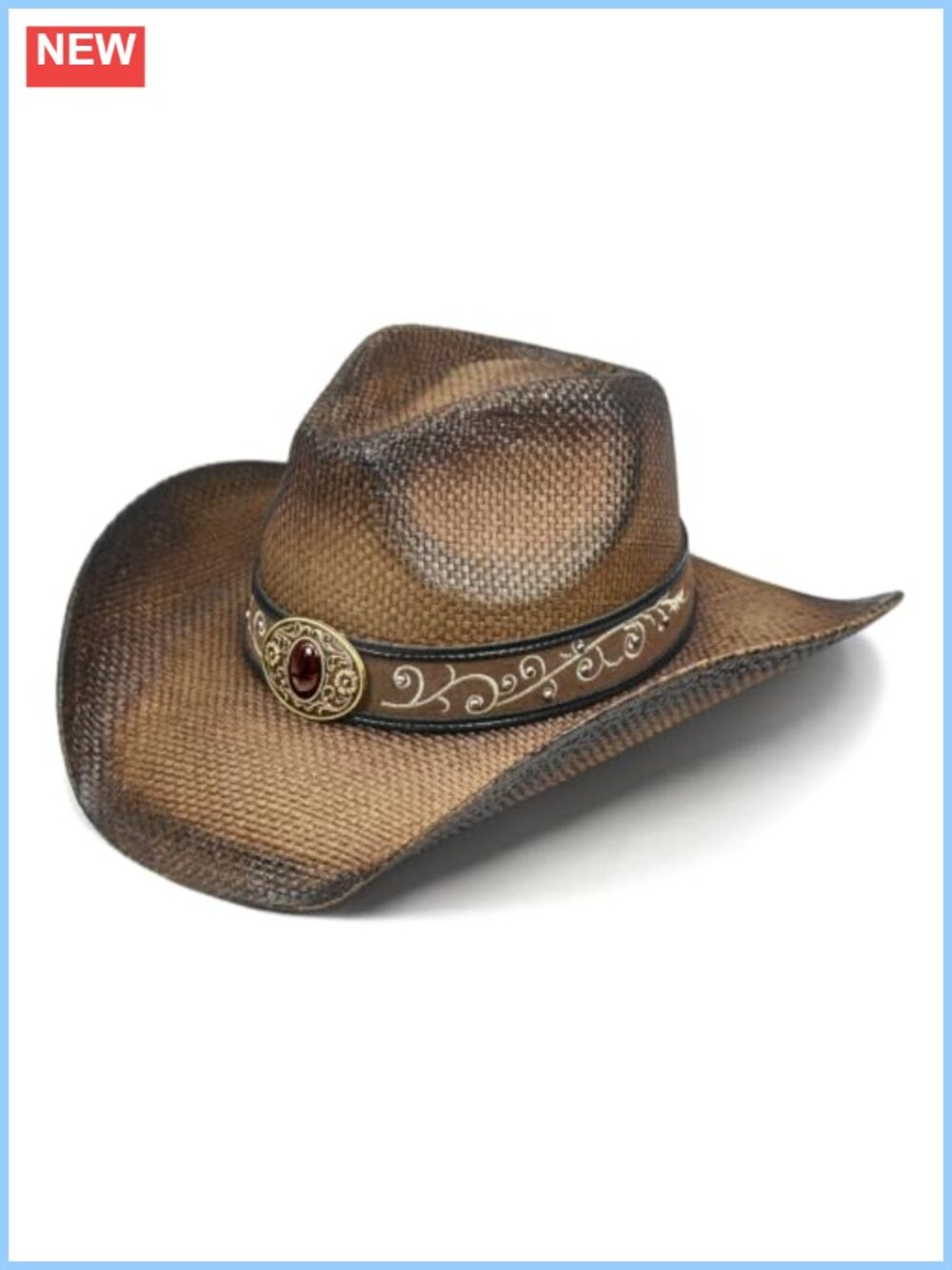 Distressed Straw Cowboy Hat Shapeable Brim Western Unisex Adjustable